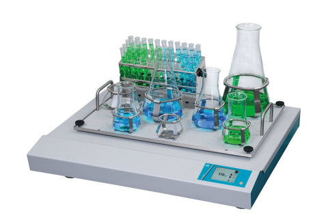 Compact shaker SM30 digital from Bühler with Erlenmeyer flasks and test tubes.