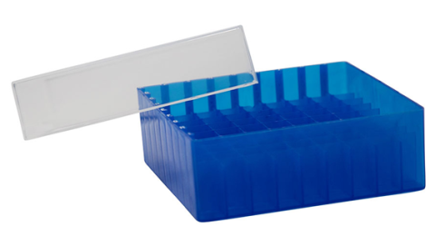 Storage box polypropylene for laboratory samples in blue with lid.
